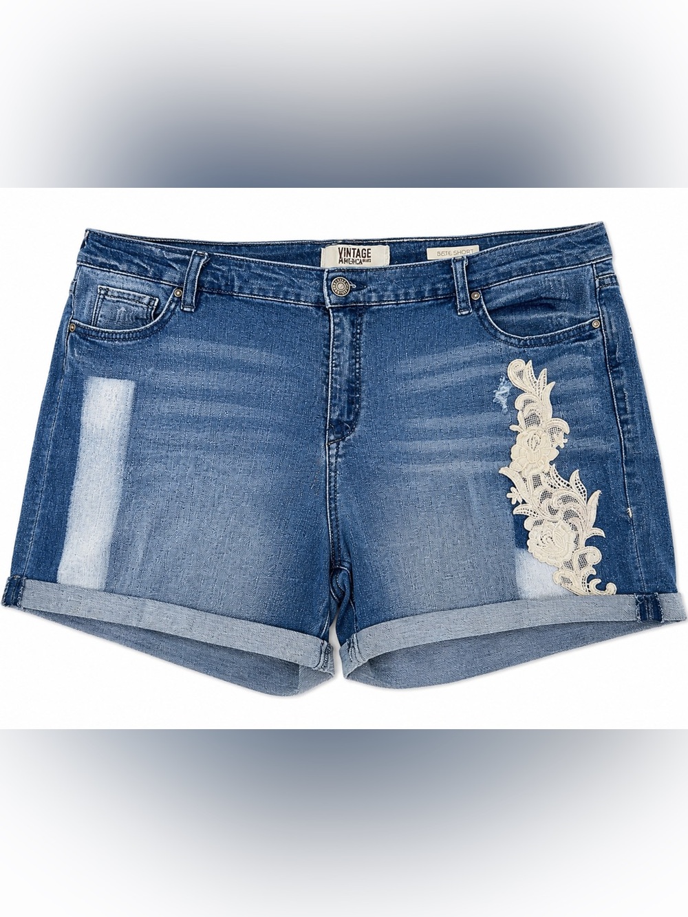 Vintage America Blues Bestie Short Denim Shorts Lace Detail Cuffed Plus Size 16